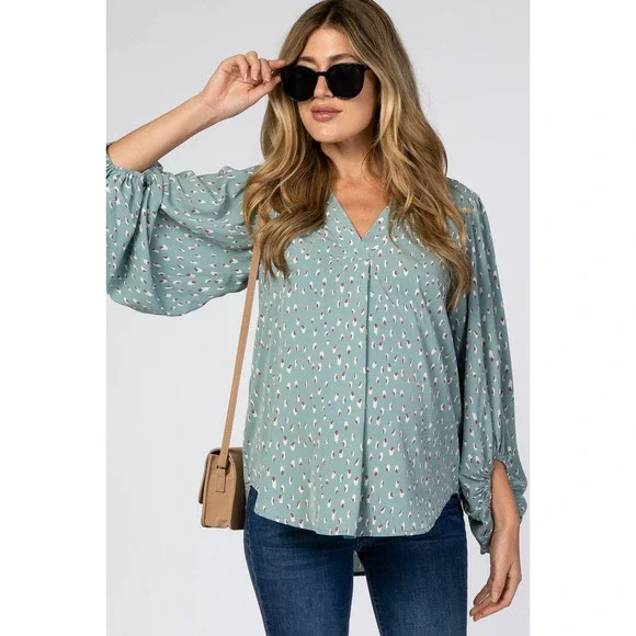 Mint Green Printed V-Neck Bubble long sleeve blouse - Picture 16 of 16